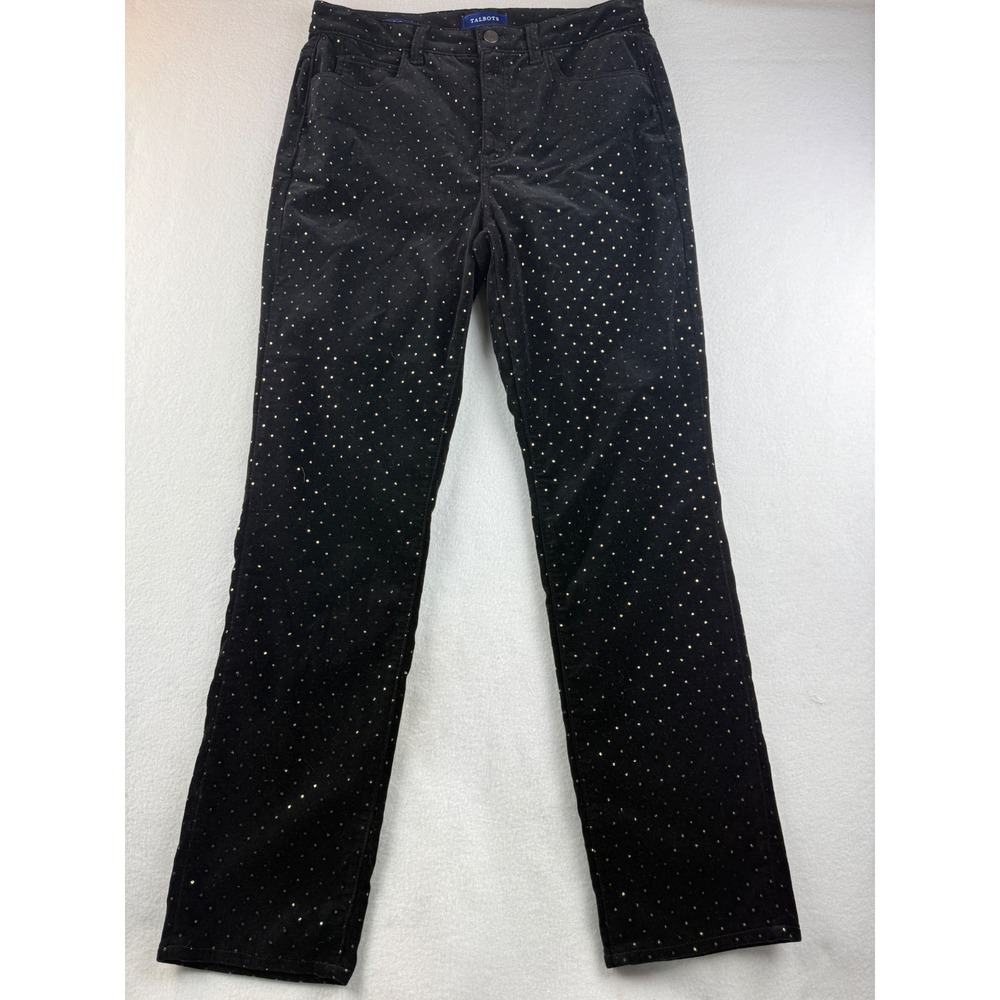 Talbots Women's Black Velvet Gold Dot High‎ Rise Straight Leg Pants Size 10